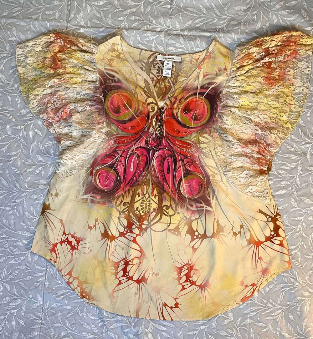 Style & Co. Women's Butterfly Print Button-Front Top with Lace Flutter Sleeves X